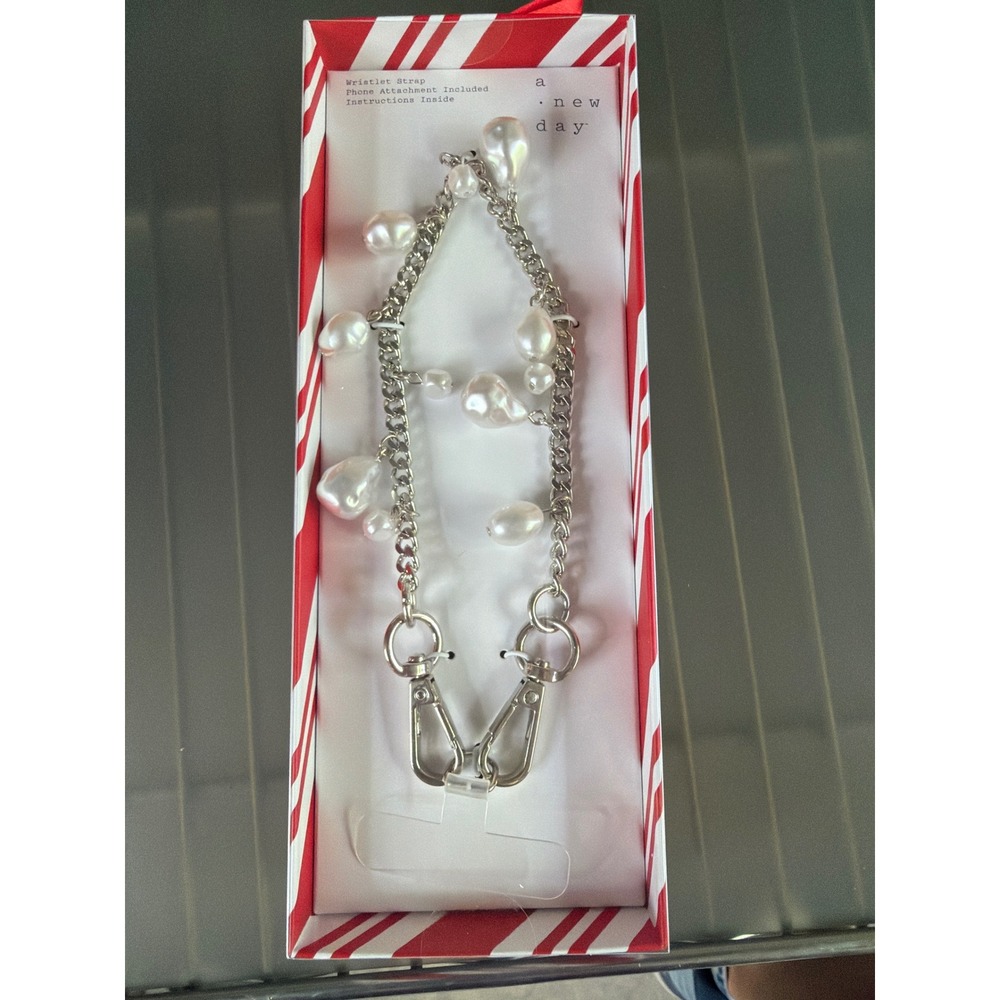 A New Day‎ Faux Pearl Curb Chain Phone Wristlet Strap Silver Rhodium Finish NIB
